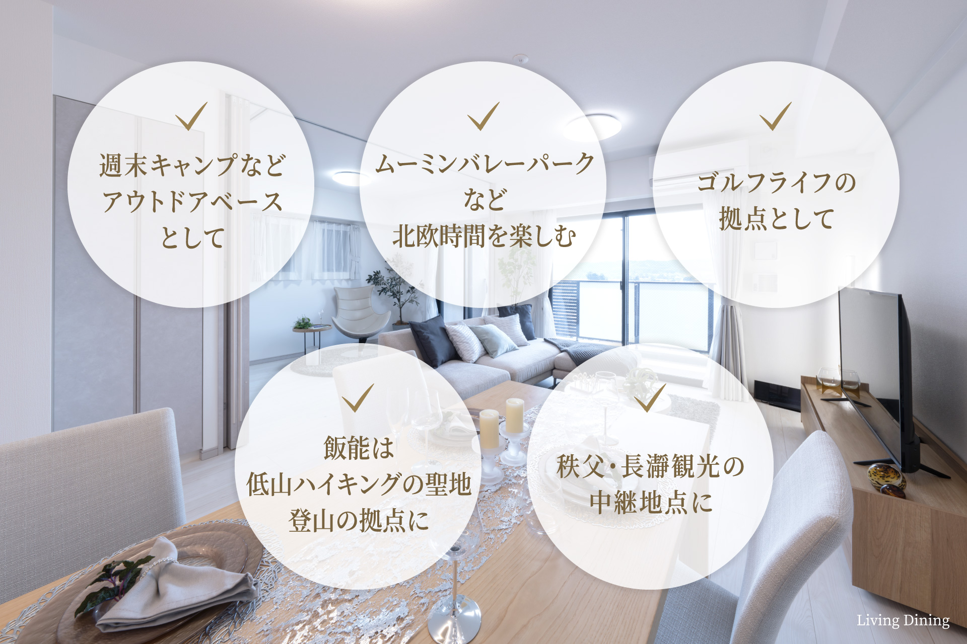 週末キャンプなどアウトドアベースとして　ムーミンバレーパークなど北欧時間を楽しむ　ゴルフライフの拠点として　飯能は低山ハイキングの聖地・登山の拠点に　秩父・長瀞観光の中継地点に